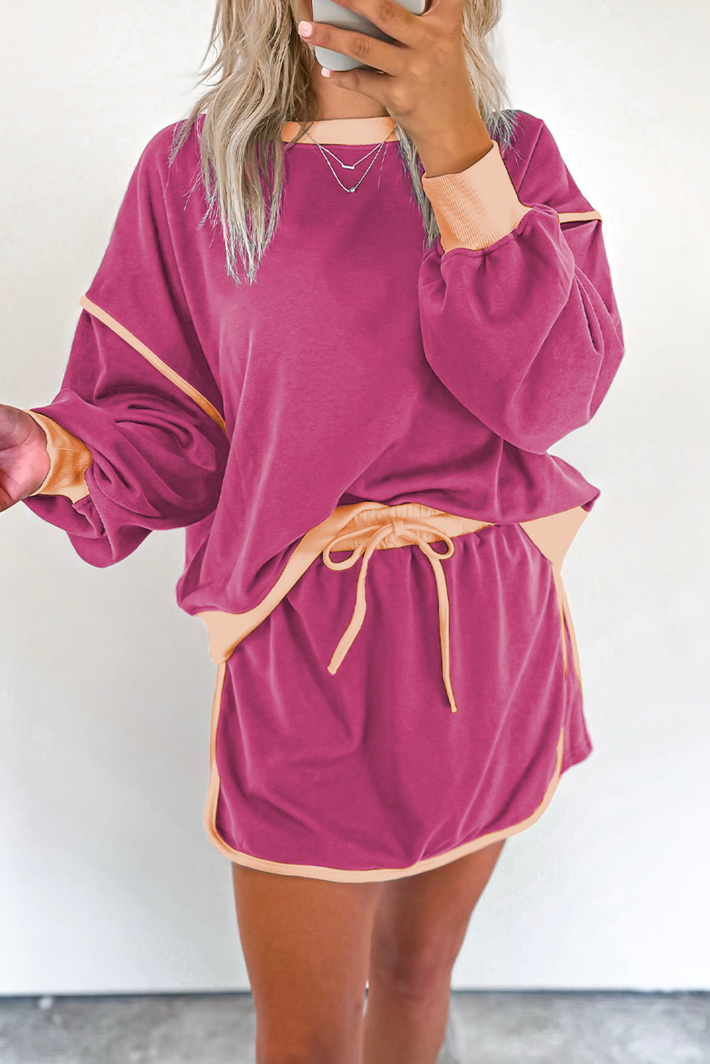 Rose Red color contrast loose pullover and lace-up waist skort set from Mommas Hive, casual two-piece outfit with polyester and cotton fabric.