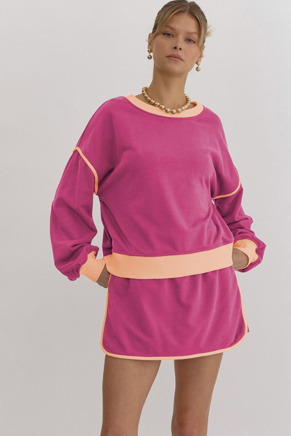 Rose red contrast loose pullover and lace-up waist skort set by Mommas Hive, stylish two-piece outfit for casual wear.