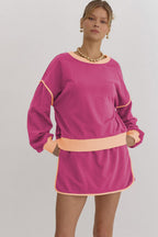 Rose red contrast loose pullover and lace-up waist skort set by Mommas Hive, stylish two-piece outfit for casual wear.