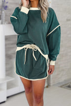 Mommas Hive rose red color contrast loose pullover and lace-up waist skort set, two-piece fashion outfit for casual wear.