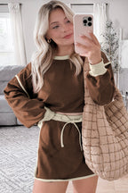 Rose red contrast loose pullover and lace-up waist skort set from Mommas Hive, casual two-piece outfit in polyester and cotton.