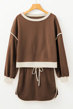 Rose red contrast loose pullover and lace-up waist skort set from Mommas Hive, featuring a comfortable two-piece dress style.
