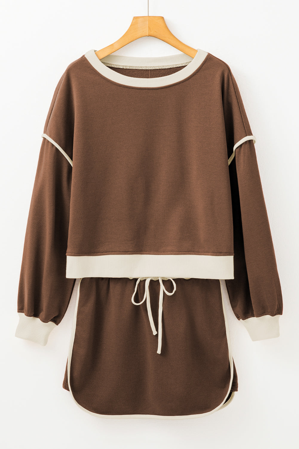 Rose red contrast loose pullover and lace-up waist skort set from Mommas Hive, featuring a comfortable two-piece dress style.