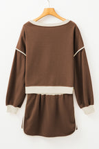 Rose red contrast loose pullover and lace-up waist skort set by Mommas Hive, featuring a two-piece dress with polyester and cotton fabric.