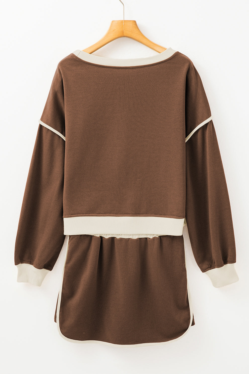 Rose red contrast loose pullover and lace-up waist skort set by Mommas Hive, featuring a two-piece dress with polyester and cotton fabric.