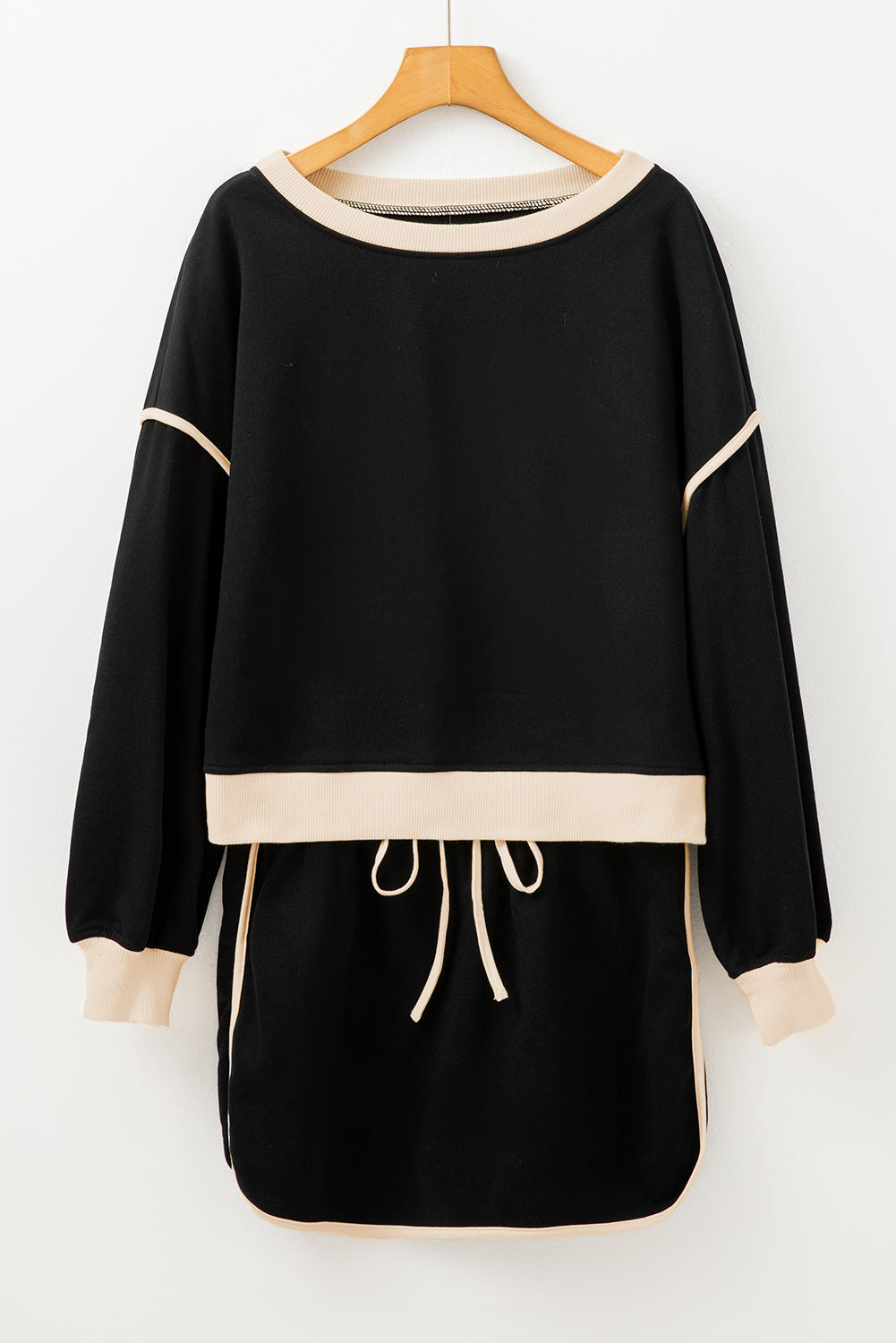 Rose red contrast loose pullover and lace-up waist skort set from Mommas Hive, two-piece casual outfit with polyester and cotton fabric.