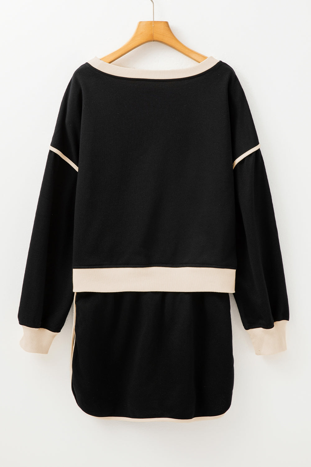 Rose red contrast loose pullover and lace-up waist skort set by Mommas Hive, two-piece dress with polyester and cotton blend fabric.