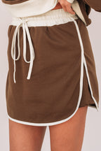 Rose Red contrast loose pullover and lace-up waist skort set from Mommas Hive, casual two-piece outfit, polyester cotton blend.