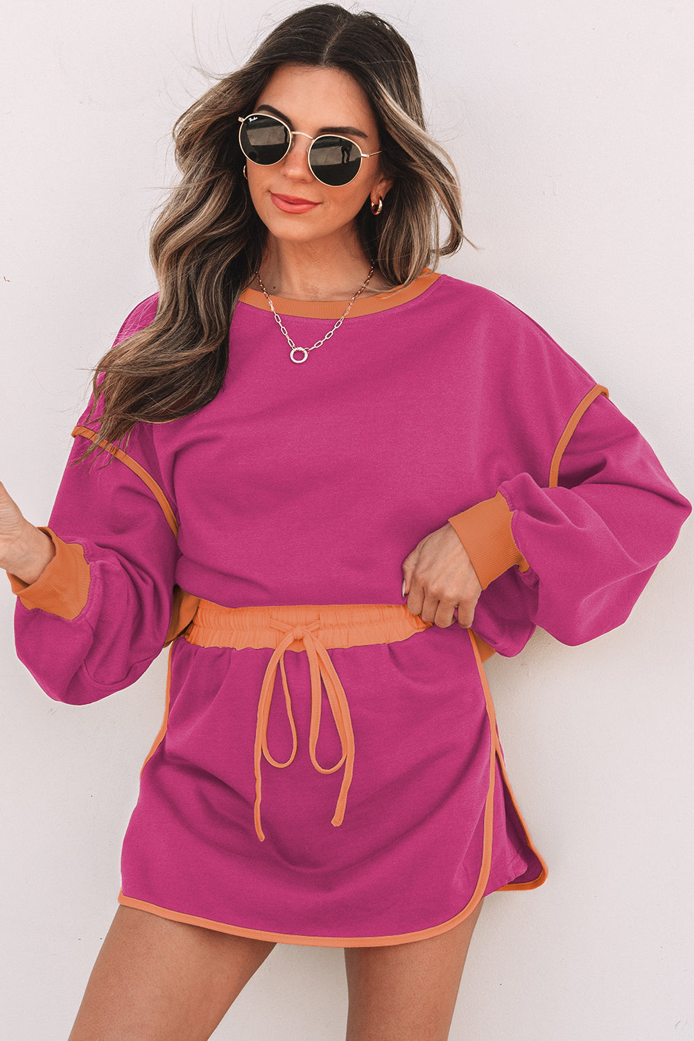 Mommas Hive rose red contrast loose pullover and lace-up waist skort set, two-piece dress with polyester and cotton fabric.