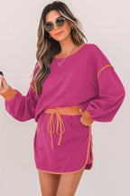 Rose red contrast loose pullover and lace-up waist skort set by Mommas Hive, casual two-piece outfit with polyester and cotton fabric.