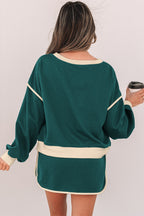Rose red contrast loose pullover and lace-up waist skort set by Mommas Hive, casual two-piece outfit with polyester and cotton fabric.