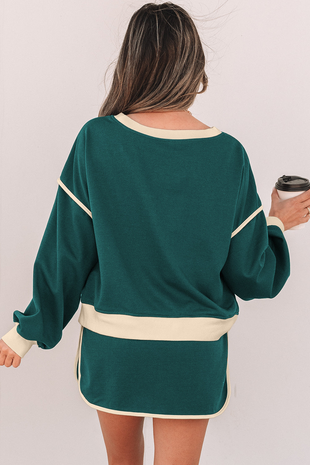 Rose red contrast loose pullover and lace-up waist skort set by Mommas Hive, casual two-piece outfit with polyester and cotton fabric.