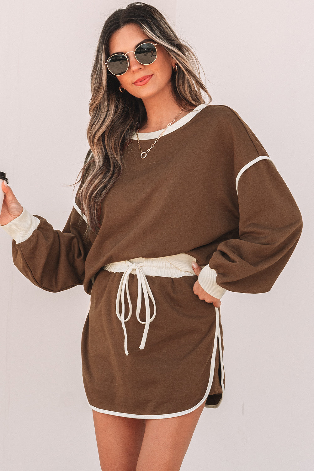 Rose red contrast loose pullover and lace-up waist skort set by Mommas Hive, featuring a comfortable two-piece dress with stylish design.