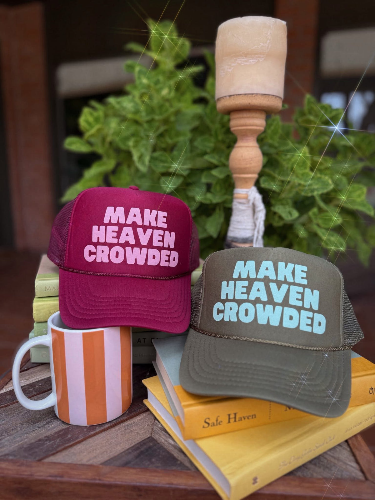 Oliver & Otis Make Heaven Crowded trucker hat in cranberry color, with mesh back and adjustable strap, stylish and casual headwear.