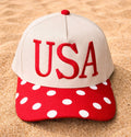 Red polka dot hat with USA flag design, made by P&PD Wholesale, featuring a wide brim and vibrant red and white polka dots.