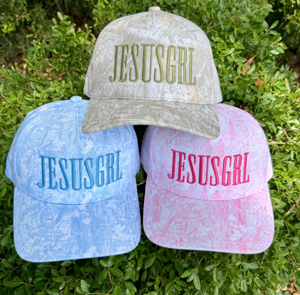 Blue camo RTS JESUSGRL hat by P&PD Wholesale featuring a structured design and adjustable strap.