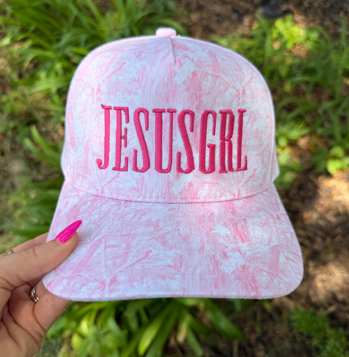 Blue camouflage RTS JESUSGRL hat by P&PD Wholesale featuring a curved brim and adjustable strap.