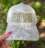 Blue camouflage RTS JESUSGRL hat by P&PD Wholesale featuring a structured brim and adjustable strap.