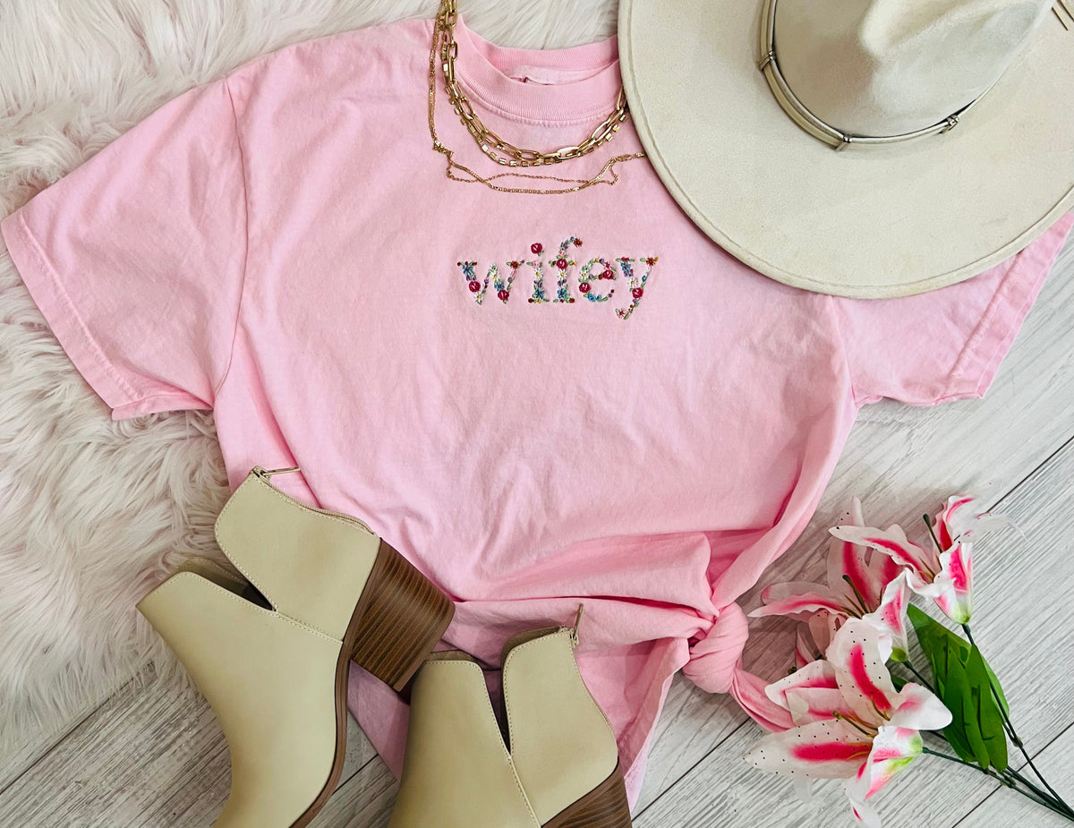 Blue Wifey Floral Embroidered T-shirt by P&PD Wholesale, featuring intricate floral embroidery on the front.