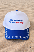 Blue "It’s A Bad Day To Be A Hot Dog" novelty hat from P&PD Wholesale, featuring playful hot dog and star design.