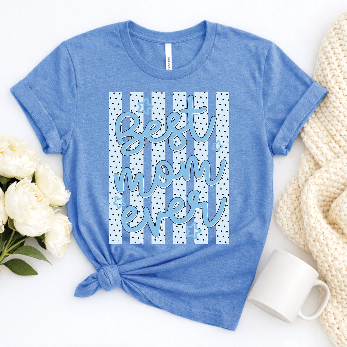 Heather Colombia Blue "Best Mom Ever" polka dot tee by P&PD Wholesale, featuring a casual, stylish mom-themed design.