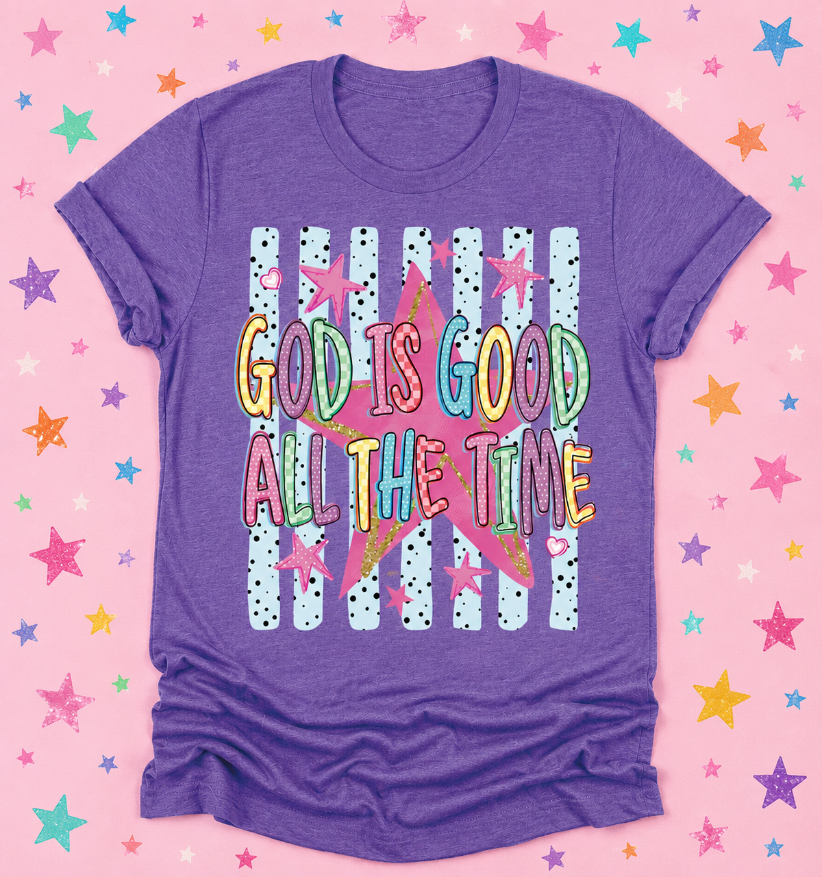 Heather purple God Is Good All The Time stripes T-shirt by P&PD Wholesale, casual fit with colorful stripe design.