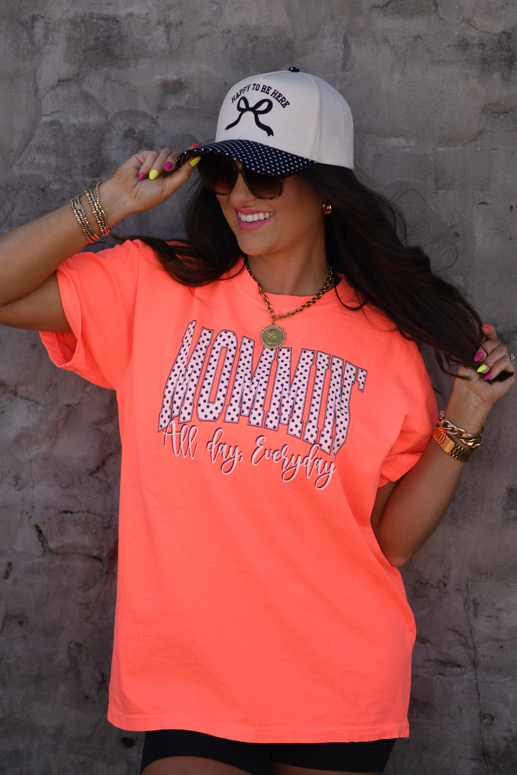 Neon red-orange polka dot tee for women, casual Mommin’ All Day Every Day shirt by P&PD Wholesale, short sleeve and comfortable fit.