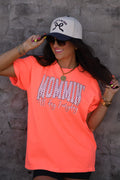 Neon red-orange polka dot tee for women, casual Mommin’ All Day Every Day shirt by P&PD Wholesale, short sleeve and comfortable fit.