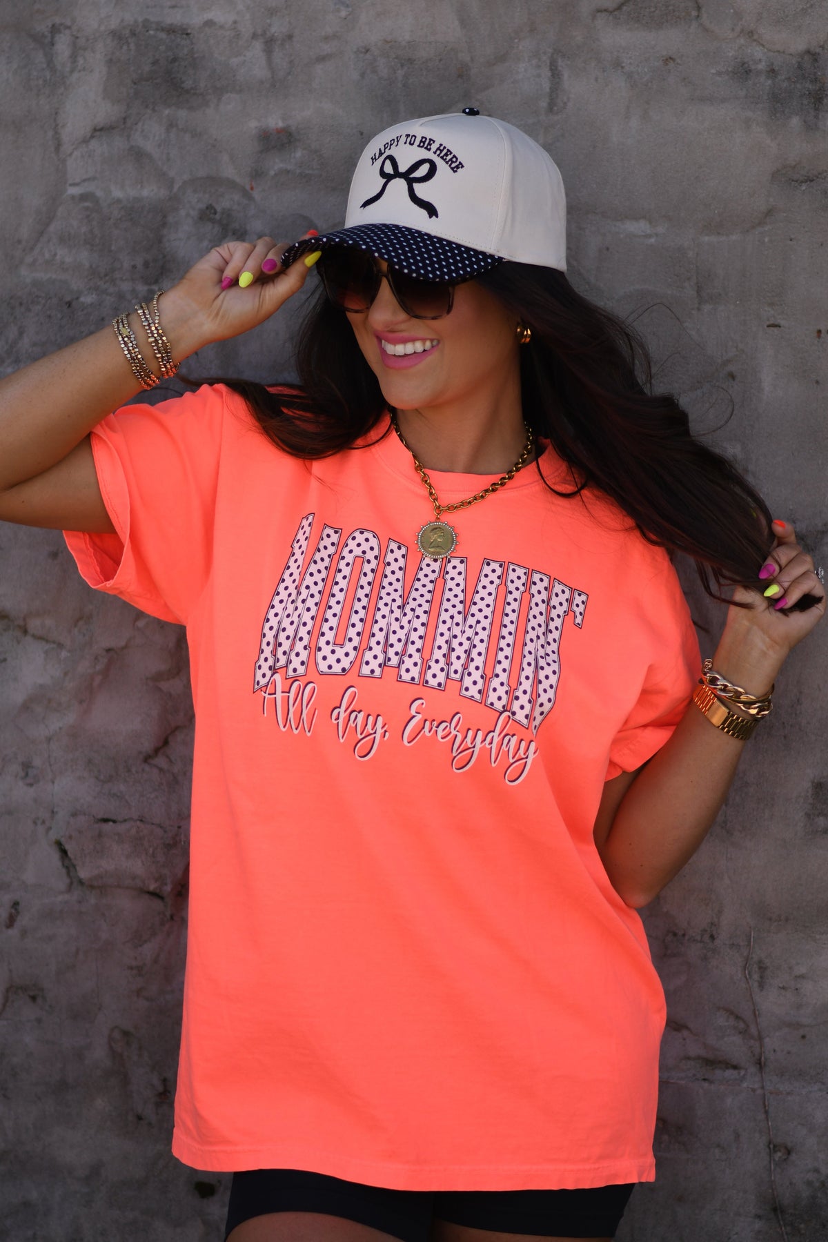 Neon red-orange polka dot tee for women, casual Mommin’ All Day Every Day shirt by P&PD Wholesale, short sleeve and comfortable fit.