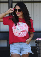 Red floral ball tee by P&PD Wholesale, featuring a relaxed fit with vibrant floral print, short sleeves, and round neckline.