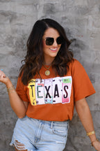Autumn-themed Texas License Plate T-shirt from P&PD Wholesale featuring a vintage Texas license plate design.