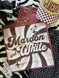 Maroon and white retro T-shirt from P&PD Wholesale featuring a classic vintage design and comfortable fit.