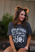 Black "Do No Harm But Take No Shit" T-shirt by P&PD Wholesale, featuring bold printed text on a casual crewneck tee.