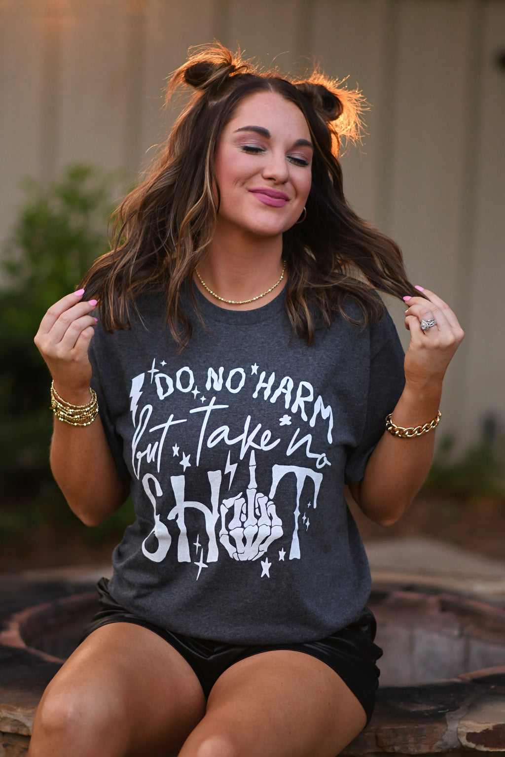 Black "Do No Harm But Take No Shit" T-shirt by P&PD Wholesale, casual fit with bold printed text on front.