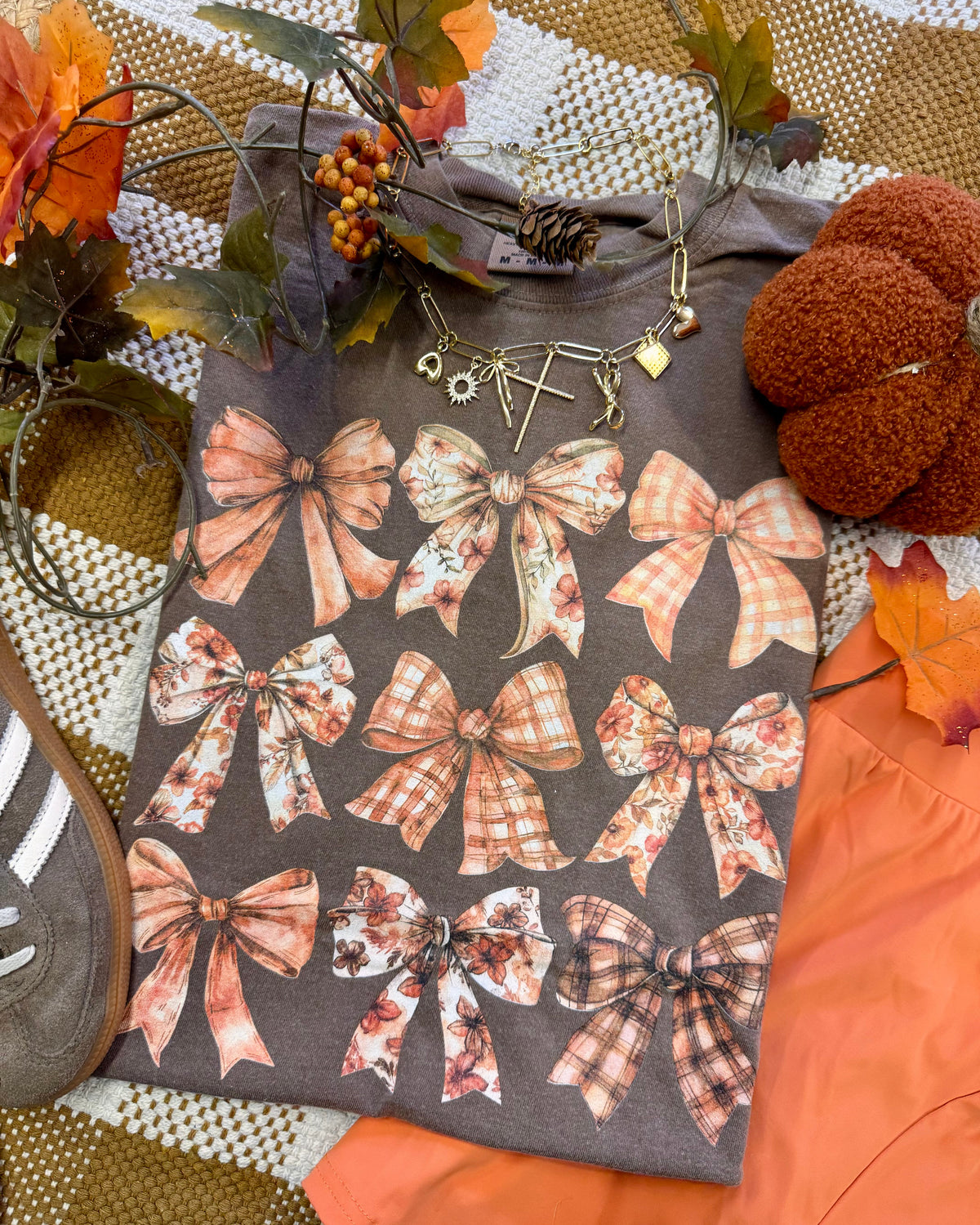 Fall Printed Bows Tee by P&PD Wholesale, featuring a cozy fall design with bow prints on a soft fabric.