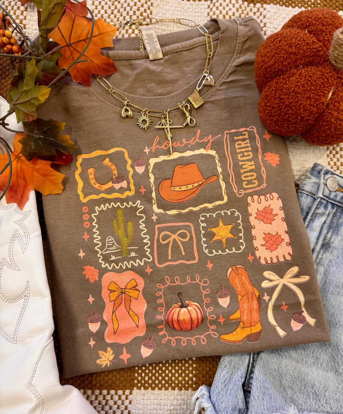P&PD Wholesale Western Fall Collage Tee and Muscle Tank in espresso color, featuring autumn-themed graphic design.