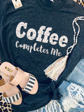 Heather charcoal Coffee Completes Me T-shirt by P&PD Wholesale, featuring a casual fit with printed text on front.