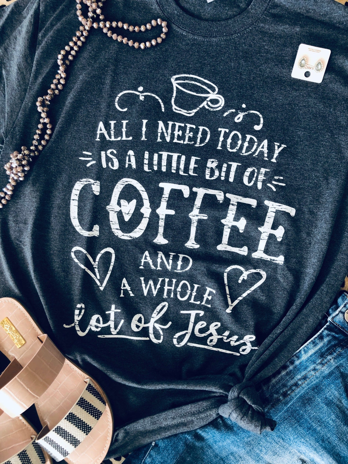 Heather charcoal Little Coffee Whole Lotta Jesus T-shirt by P&PD Wholesale, featuring a casual fit and printed graphic design.