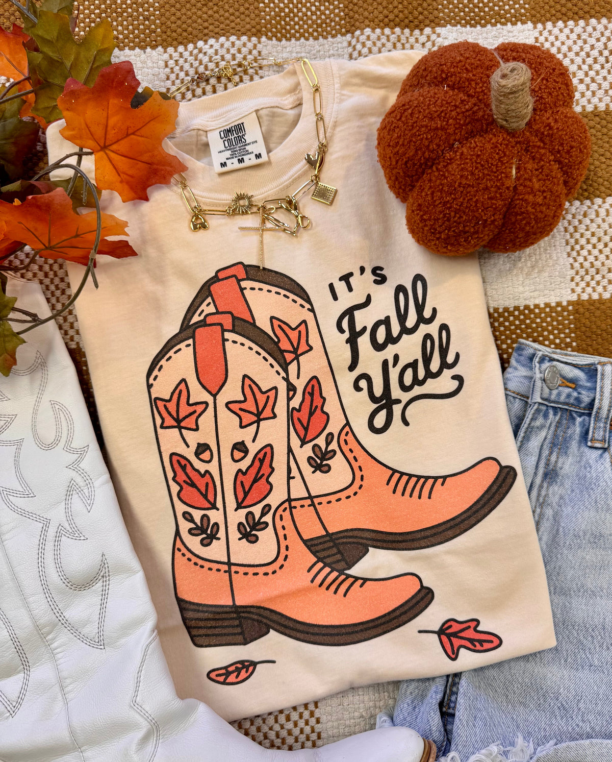 Ivory "It's Fall Y'all Boots" T-shirt from P&PD Wholesale featuring fall-themed text and casual fit.