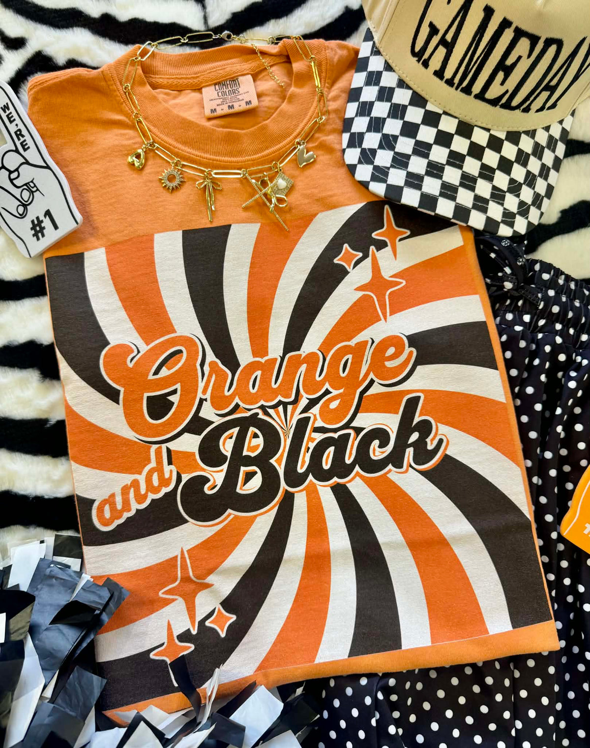 Orange and black retro T-shirt by P&PD Wholesale, featuring a vintage-inspired design and bold color blocking.