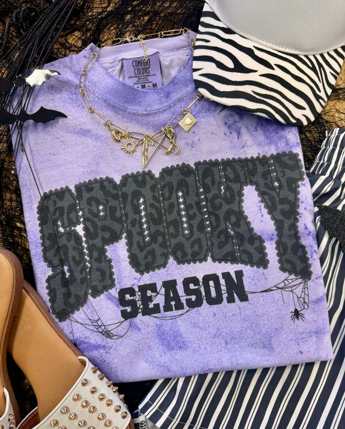 Purple Leopard Colorblast T-shirt featuring spooky season design by P&PD Wholesale, casual and vibrant for fall fashion.