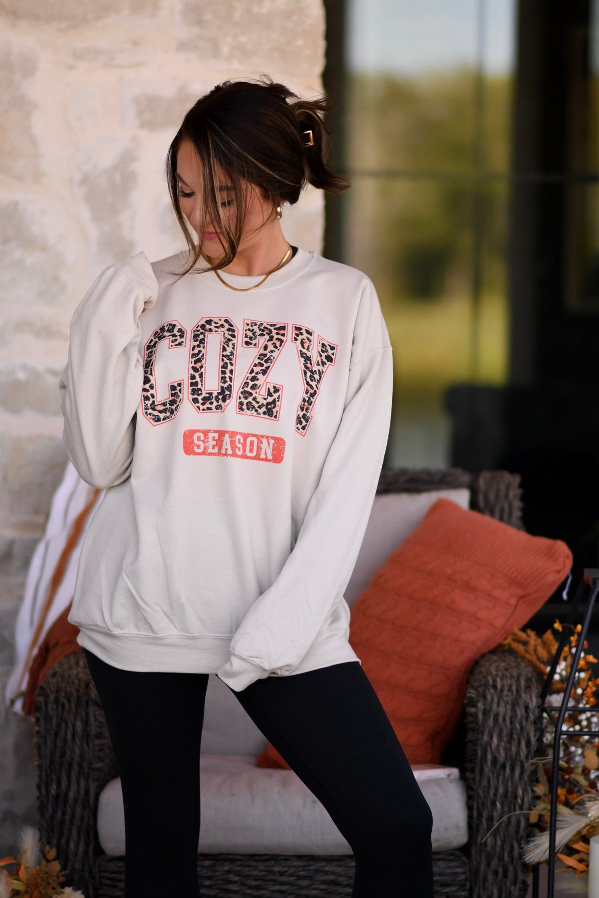 Tan Cozy Season Sweatshirt by P&PD Wholesale, featuring a relaxed fit and soft fabric, ideal for casual wear.