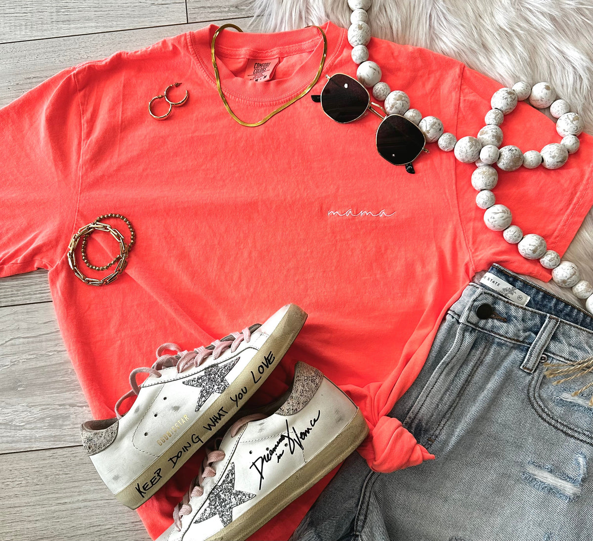 White Neon Red Orange Dainty Mama embroidered T-shirt by P&PD Wholesale, featuring colorful embroidered mama design.
