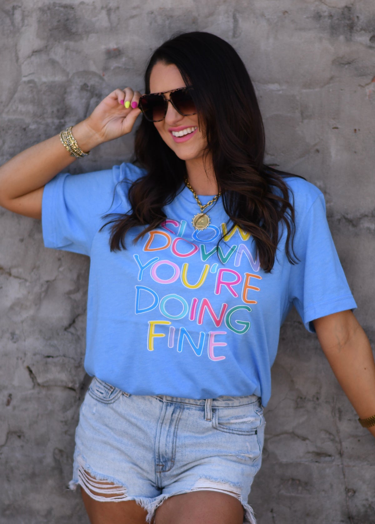 Heather Colombia Blue "Slow Down You're Doing Fine" T-shirt by P&PD Wholesale, featuring casual fit and printed design.