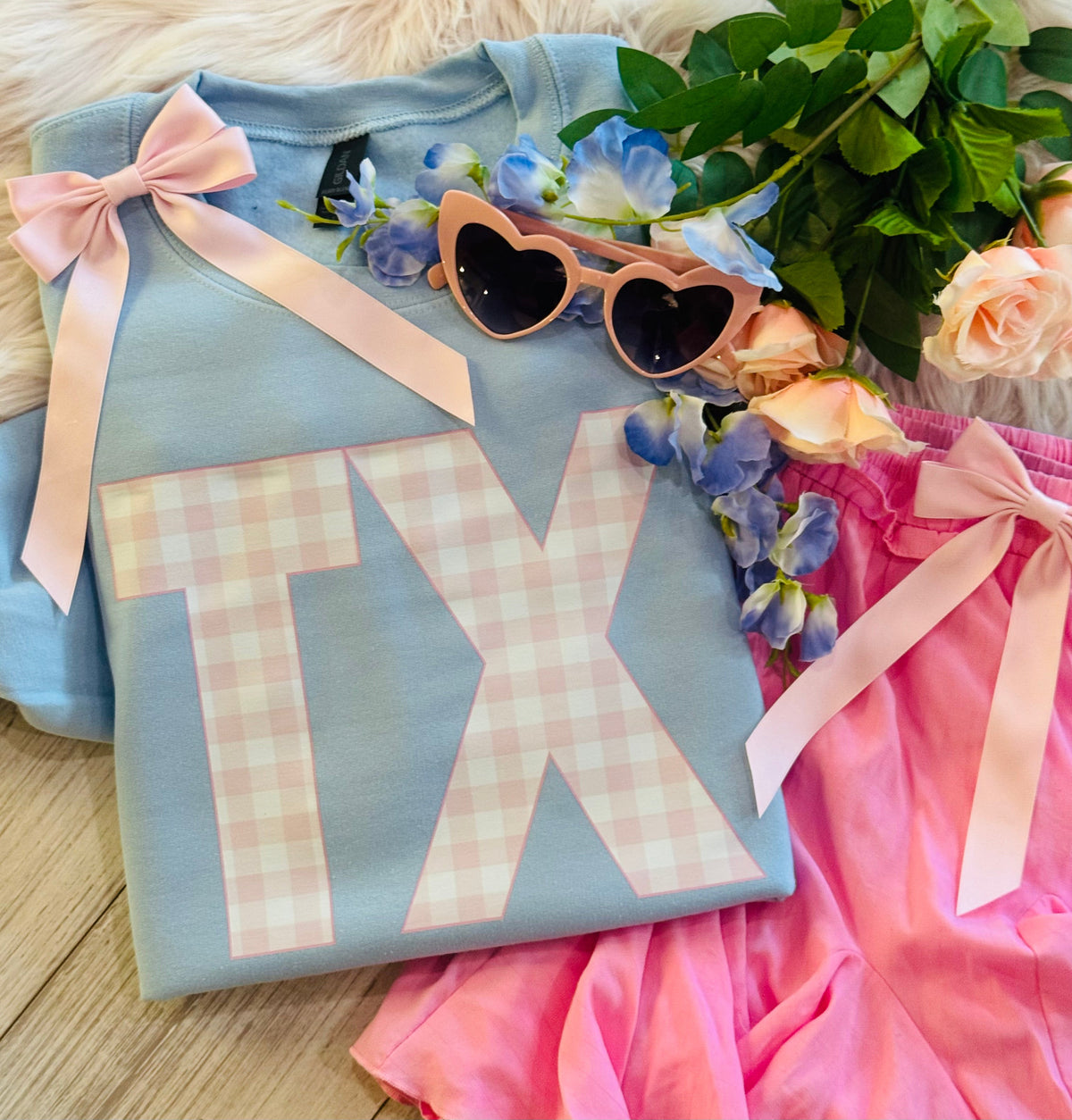 Pink Gingham State Sweatshirt or Tee by P&PD Wholesale, featuring a pink gingham pattern with a state graphic.
