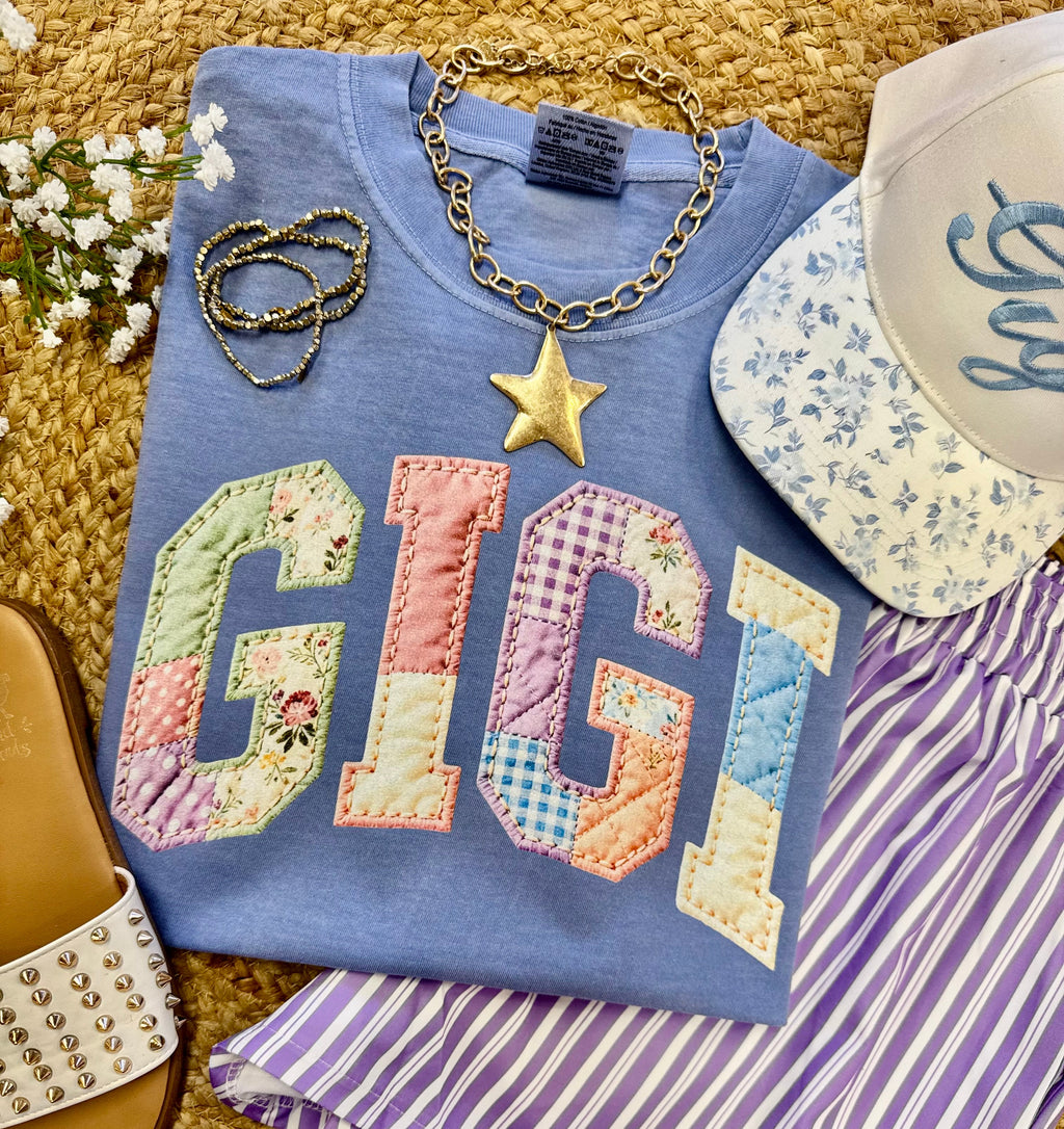 Washed denim Mother’s Day T-shirt with colorful patchwork design by P&PD Wholesale. Casual, stylish women’s tee.