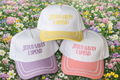Two-tone yellow "Jesus Saves I Spend" hat by P&PD Wholesale, casual cap with embroidered text and adjustable strap.