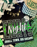 Green Friday Night Lights T-shirt by P&PD Wholesale, casual cotton tee with graphic design, displayed on a white background.