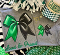 Green Bow Tee by P&PD Wholesale featuring bold lettering and a stylish design on a deep heather background.
