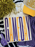Tall purple and gold Game Day Tee by P&PD Wholesale, featuring a comfortable fit and vibrant team colors.